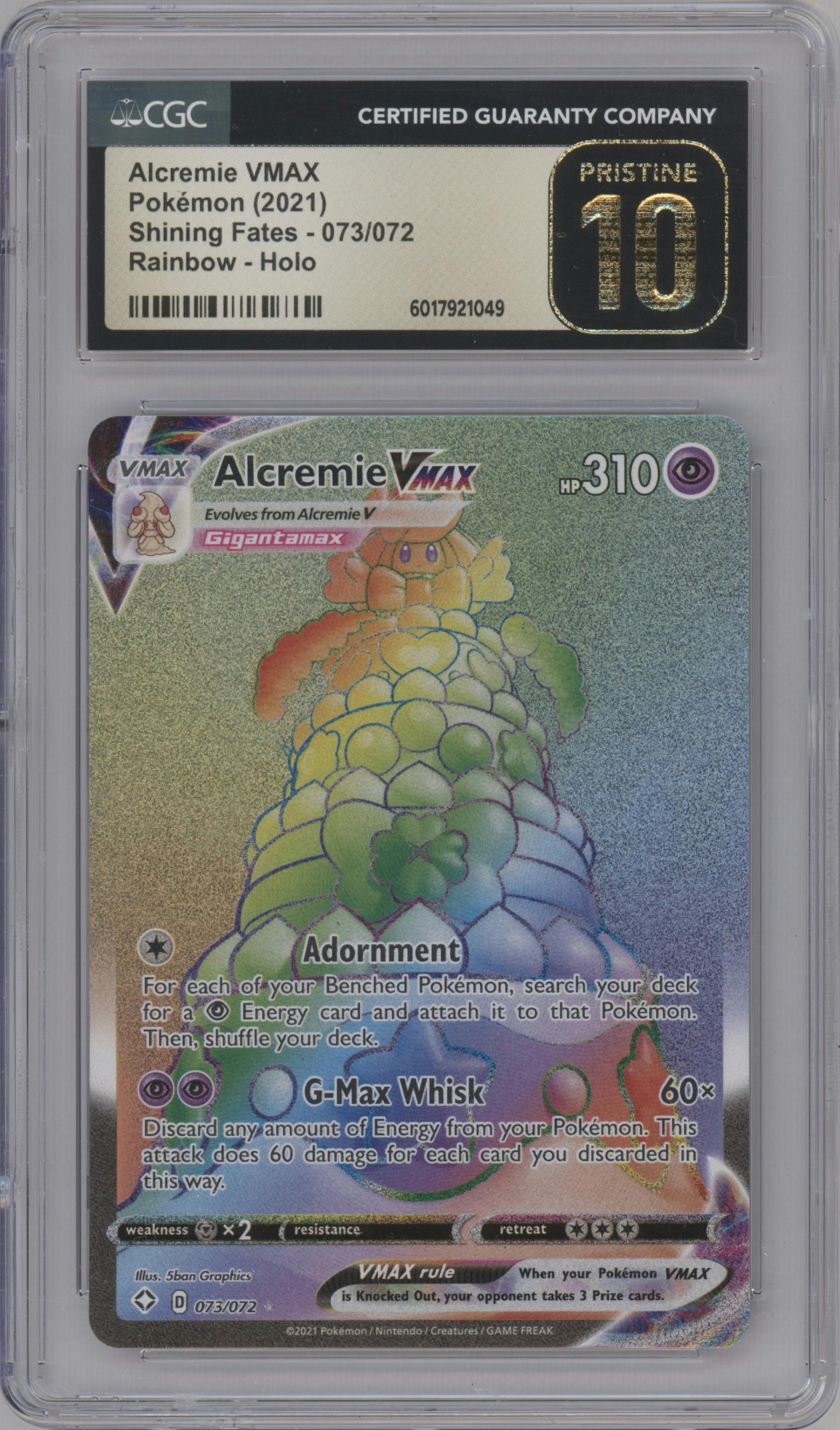 Alcremie VMAX from the 2021 Pokemon SWSH set graded by CSG and given an overall grade of 10.
