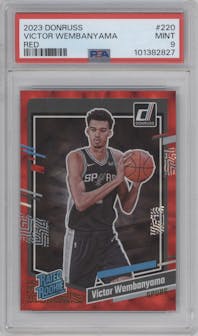 Victor Wembanyama from the 2023-24 Panini Donruss set featuring a Red parallel graded by PSA and given an overall grade of 9.