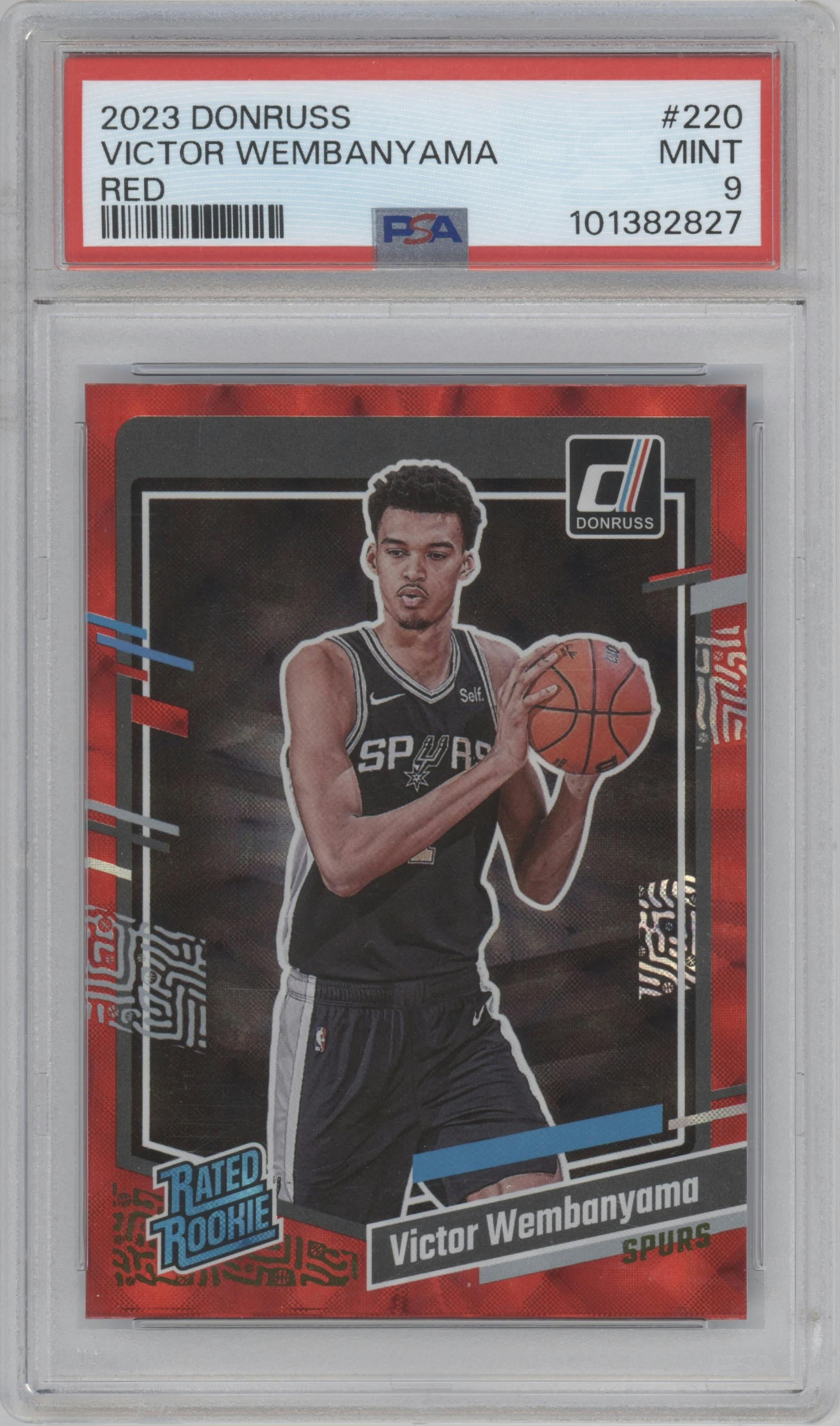 Victor Wembanyama from the 2023-24 Panini Donruss set featuring a Red parallel graded by PSA and given an overall grade of 9.