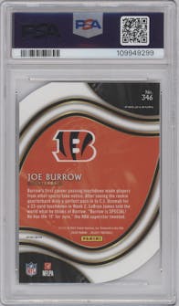 Joe Burrow from the 2020 Panini Select set featuring a Die-Cut Blue parallel graded by PSA and given an overall grade of 10.