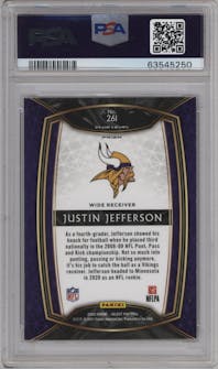 Justin Jefferson from the 2020 Panini Select set featuring a Cosmic parallel graded by PSA and given an overall grade of 10.