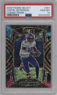 Justin Jefferson from the 2020 Panini Select set featuring a Cosmic parallel graded by PSA and given an overall grade of 10.