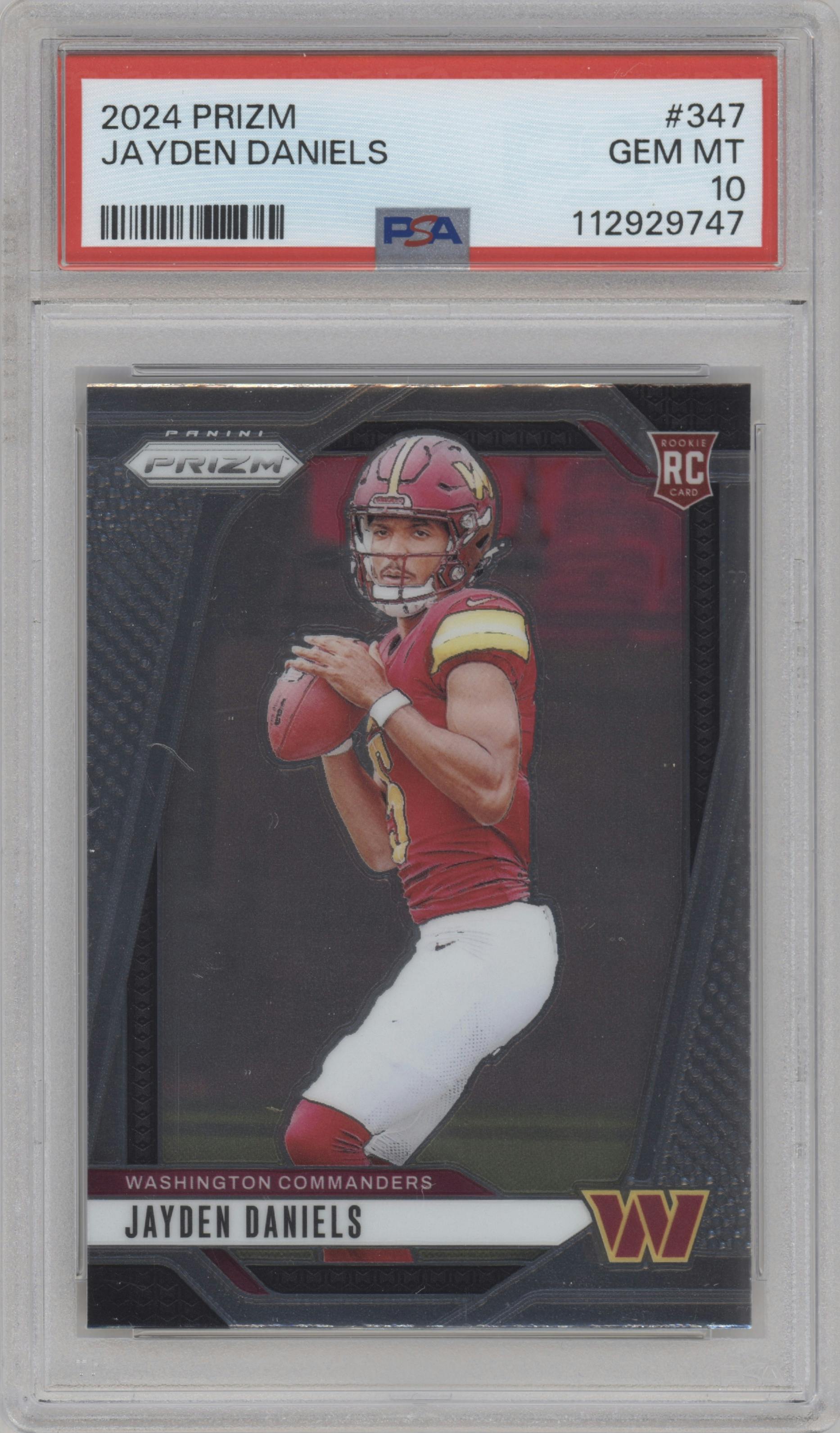Jayden Daniels from the 2024 Panini Prizm set graded by PSA and given an overall grade of 10.