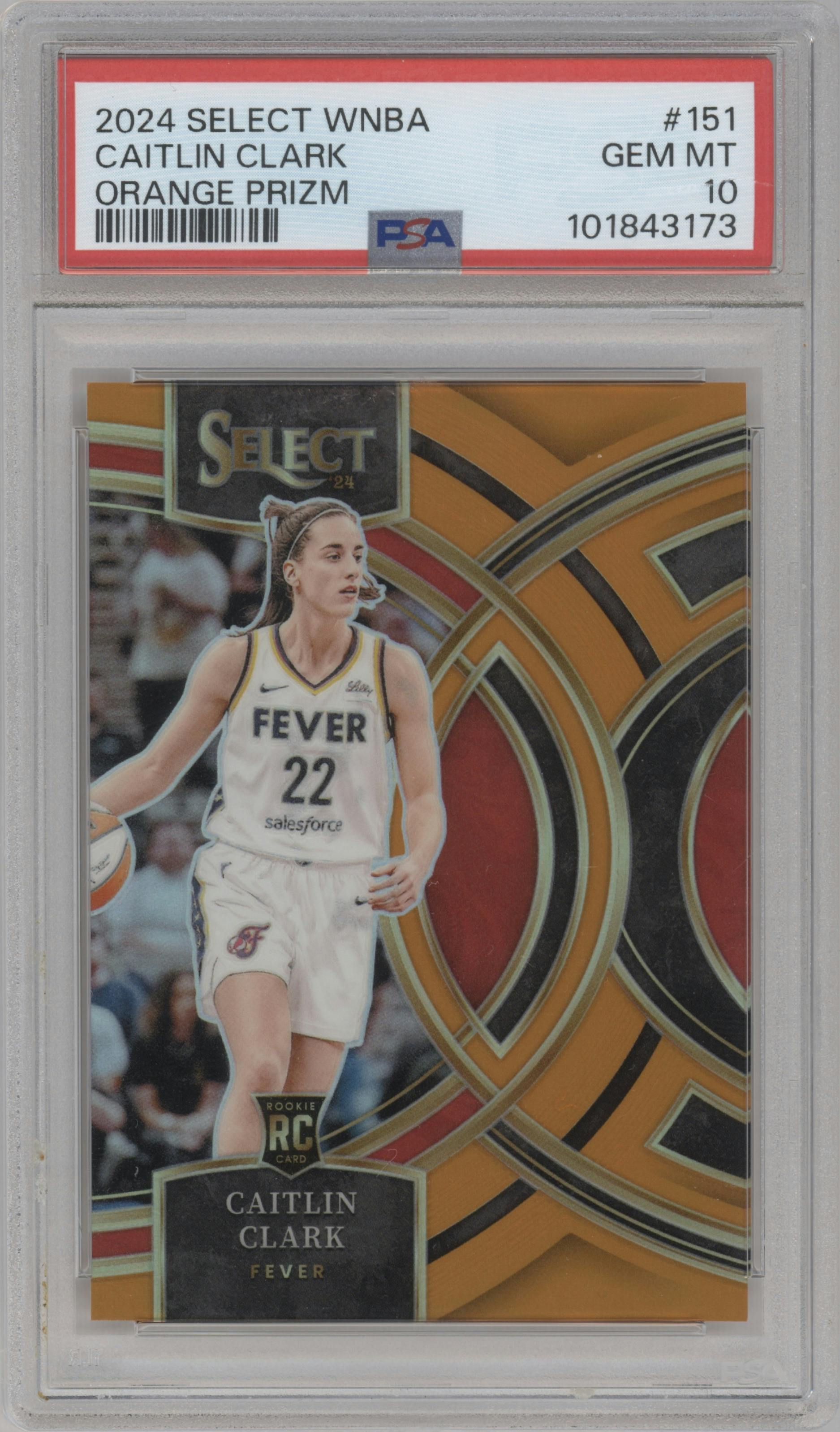 Caitlin Clark from the 2024 Panini Select WNBA set featuring a Orange Prizm parallel graded by PSA and given an overall grade of 10.