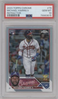 Michael Harris II from the 2023 Topps Chrome set featuring a Refractor parallel graded by PSA and given an overall grade of 10.