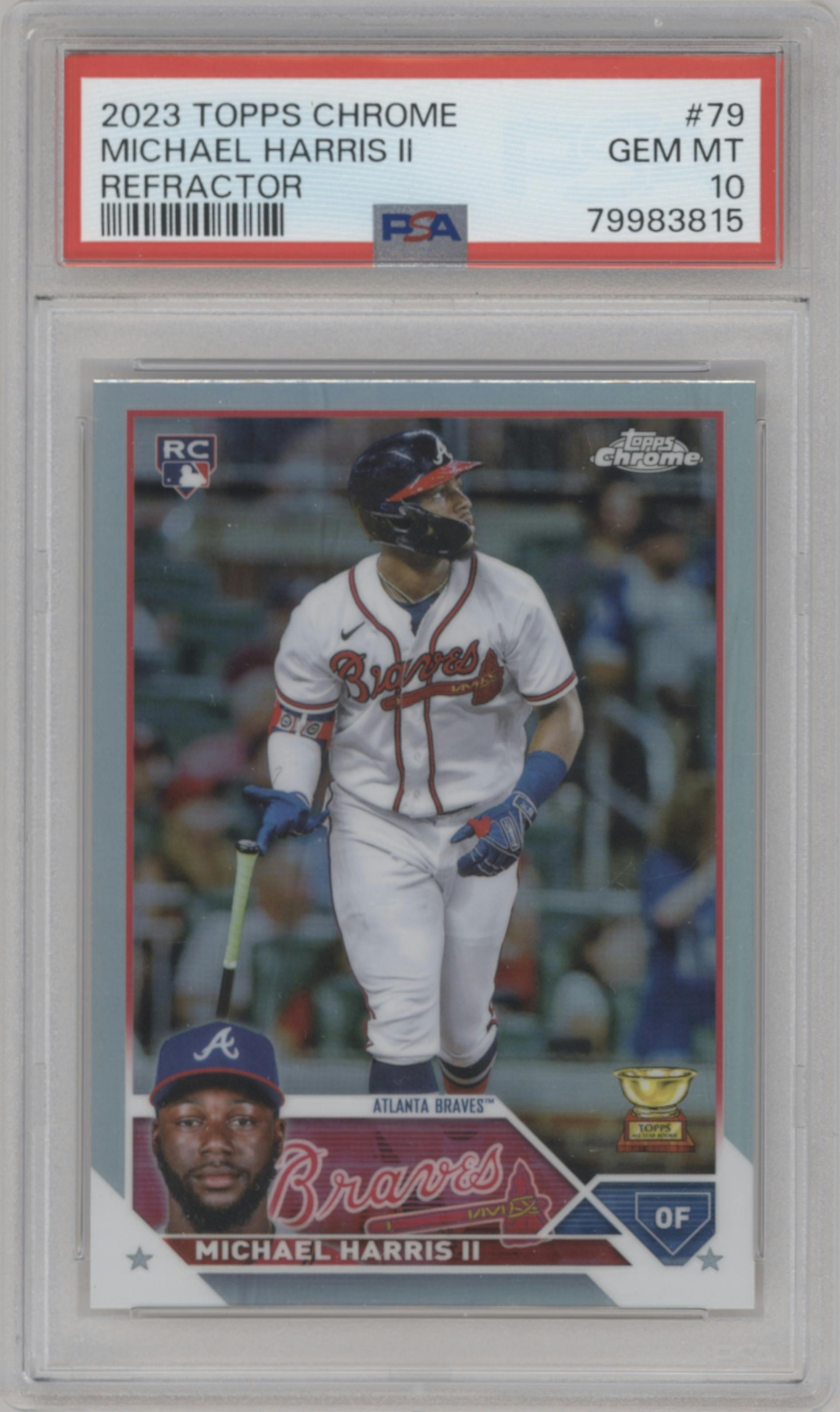 Michael Harris II from the 2023 Topps Chrome set featuring a Refractor parallel graded by PSA and given an overall grade of 10.