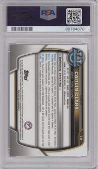 Caitlin Clark from the 2022-23 Bowman University Chrome set featuring a Refractor parallel graded by PSA and given an overall grade of 10.
