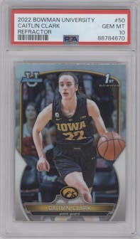 Caitlin Clark from the 2022-23 Bowman University Chrome set featuring a Refractor parallel graded by PSA and given an overall grade of 10.