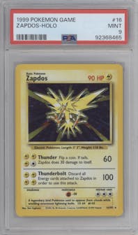 Zapdos from the 1999 Pokemon set graded by PSA and given an overall grade of 9.