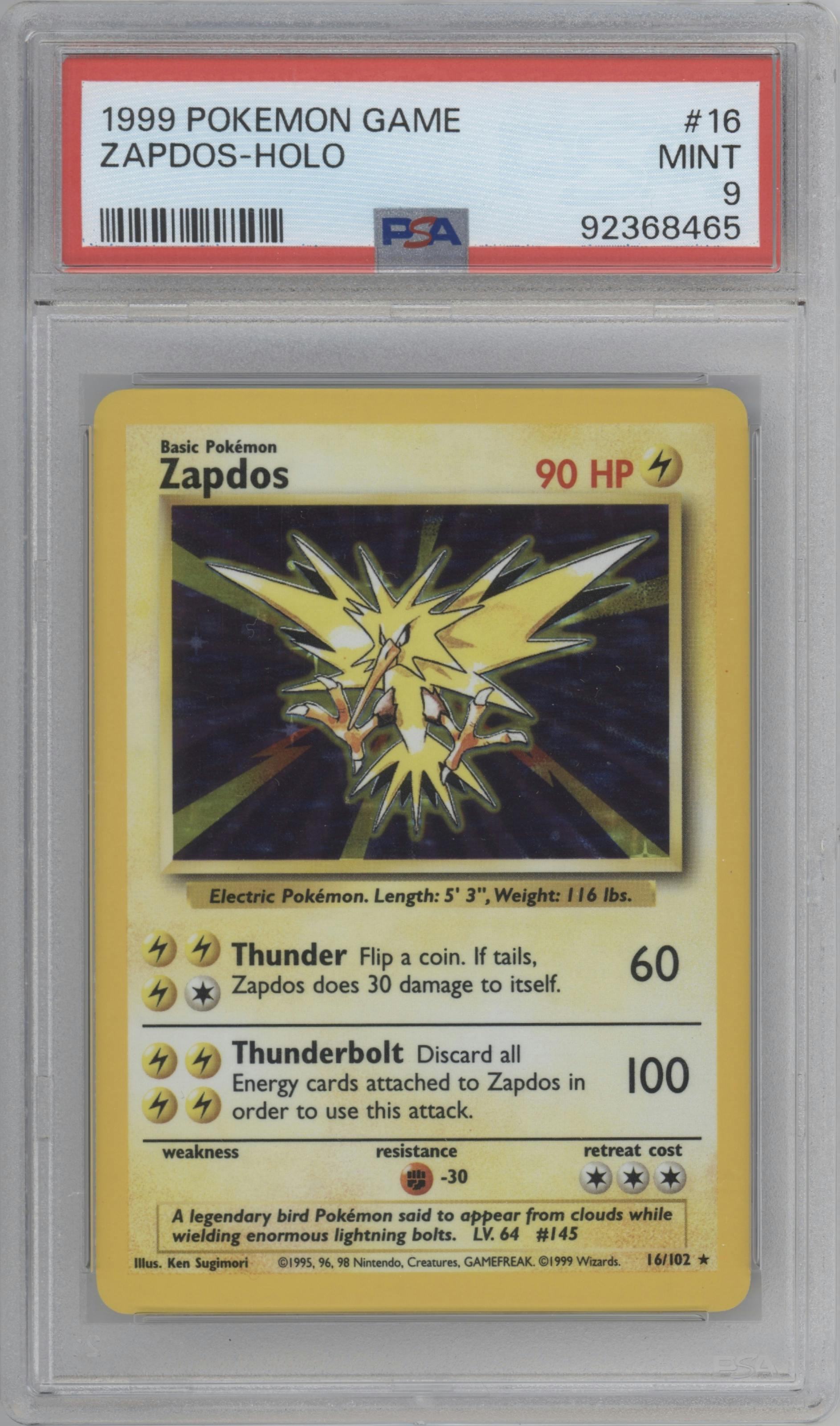 Zapdos from the 1999 Pokemon set graded by PSA and given an overall grade of 9.