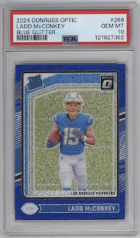 Ladd McConkey from the 2024 Donruss Optic set featuring a Blue Glitter parallel graded by PSA and given an overall grade of 10.