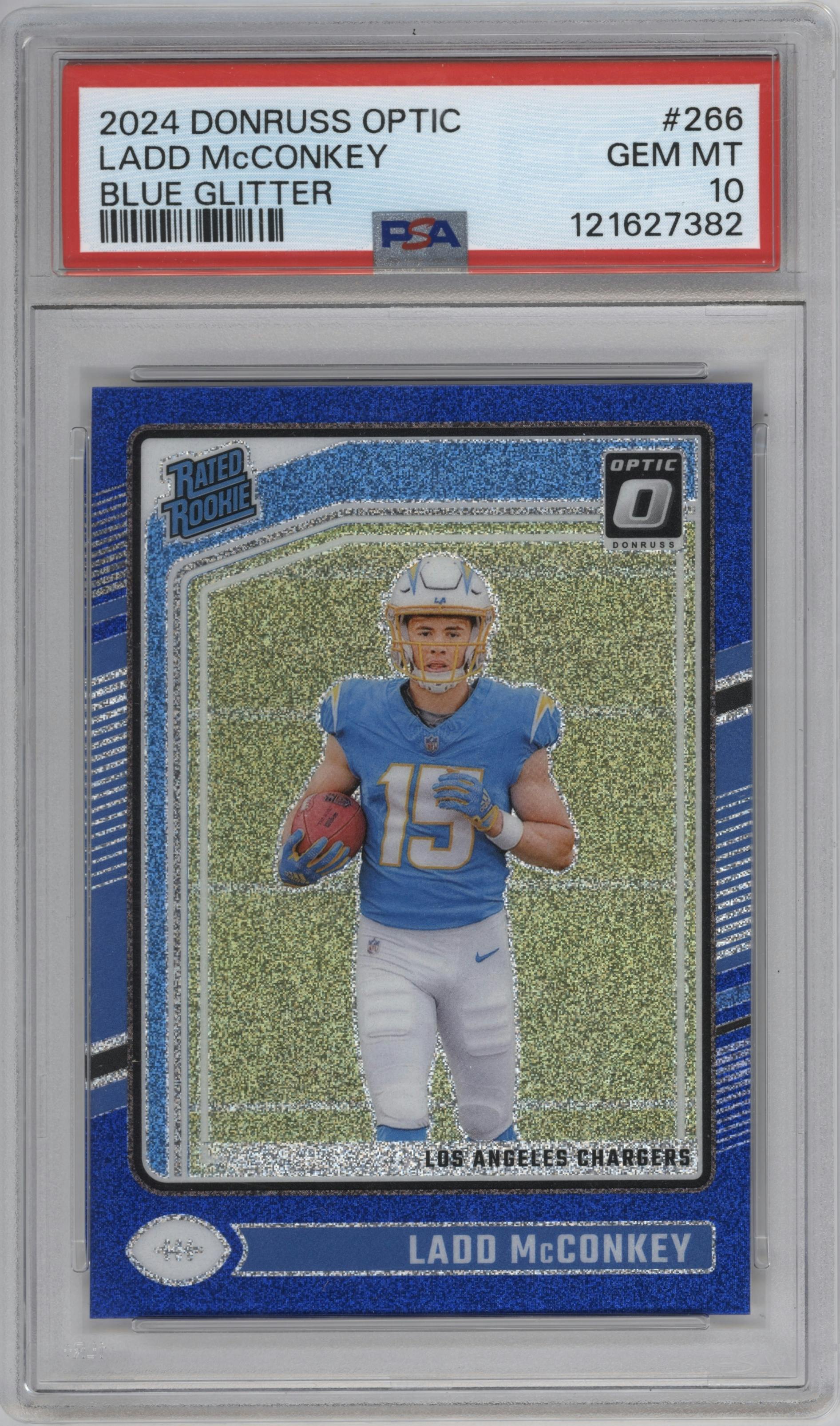 Ladd McConkey from the 2024 Donruss Optic set featuring a Blue Glitter parallel graded by PSA and given an overall grade of 10.