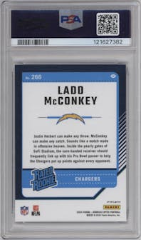 Ladd McConkey from the 2024 Donruss Optic set featuring a Blue Glitter parallel graded by PSA and given an overall grade of 10.