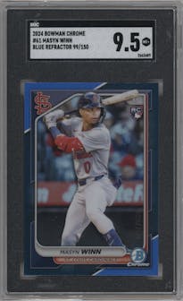 Masyn Winn from the 2024 Bowman Chrome set featuring a Blue Refractor parallel graded by SGC and given an overall grade of 9.5.