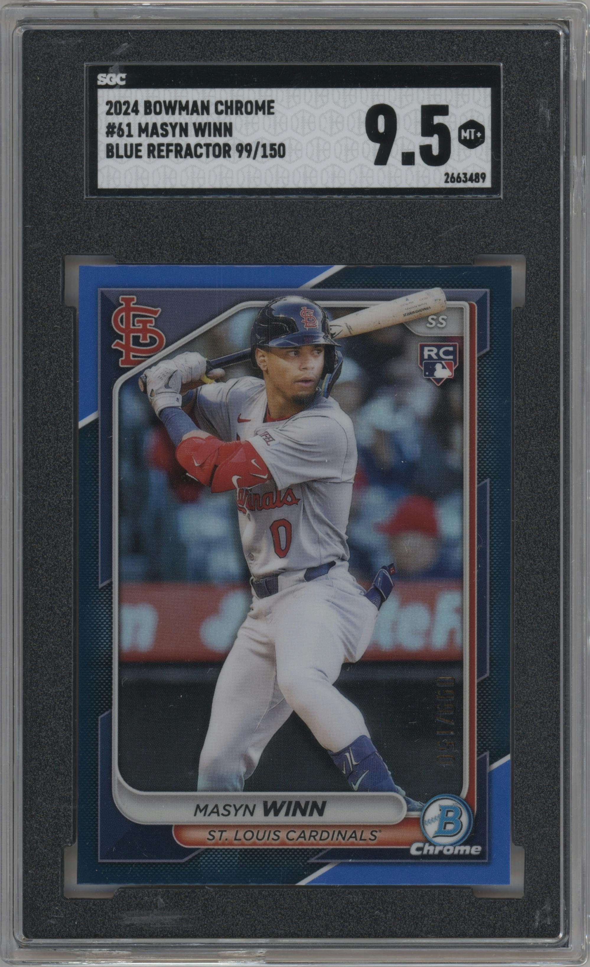 Masyn Winn from the 2024 Bowman Chrome set featuring a Blue Refractor parallel graded by SGC and given an overall grade of 9.5.