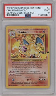 Charizard from the 2021 Pokemon SWSH set featuring a Base Set parallel graded by PSA and given an overall grade of 9.