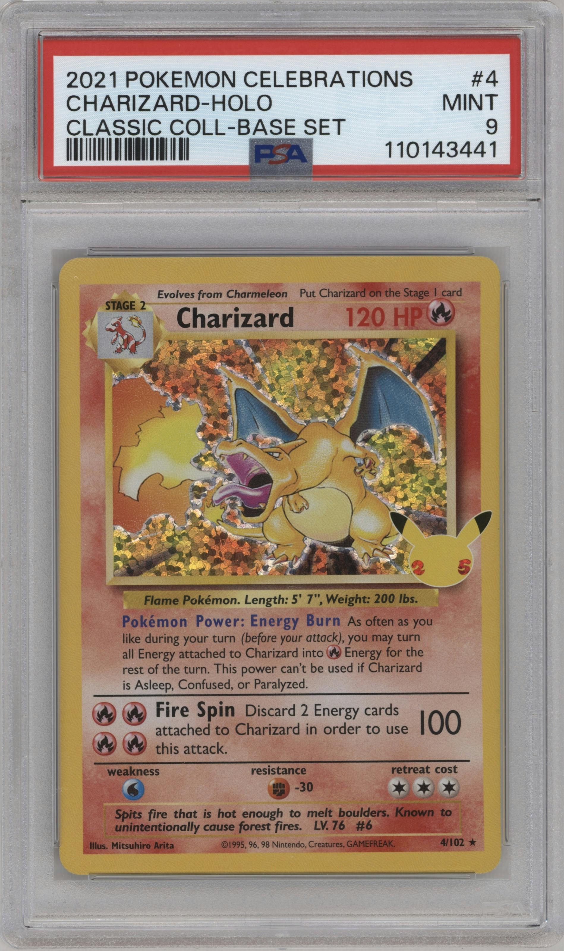 Charizard from the 2021 Pokemon SWSH set featuring a Base Set parallel graded by PSA and given an overall grade of 9.