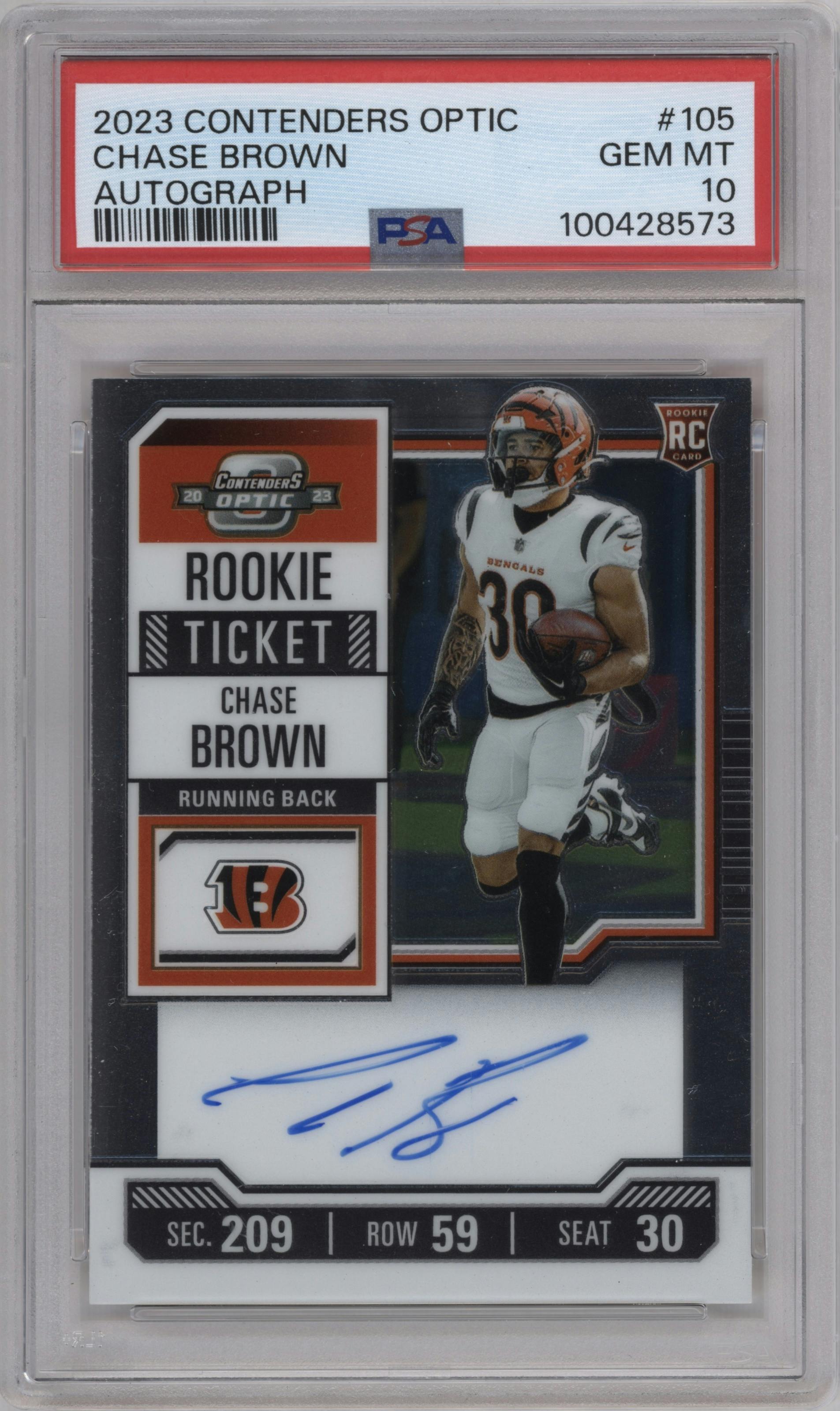 Chase Brown from the 2023 Panini Contenders Optic set graded by PSA and given an overall grade of 10.