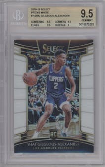 Shai Gilgeous-Alexander from the 2018-19 Panini Select  set featuring a White Prizm parallel graded by Beckett and given an overall grade of 9.5.