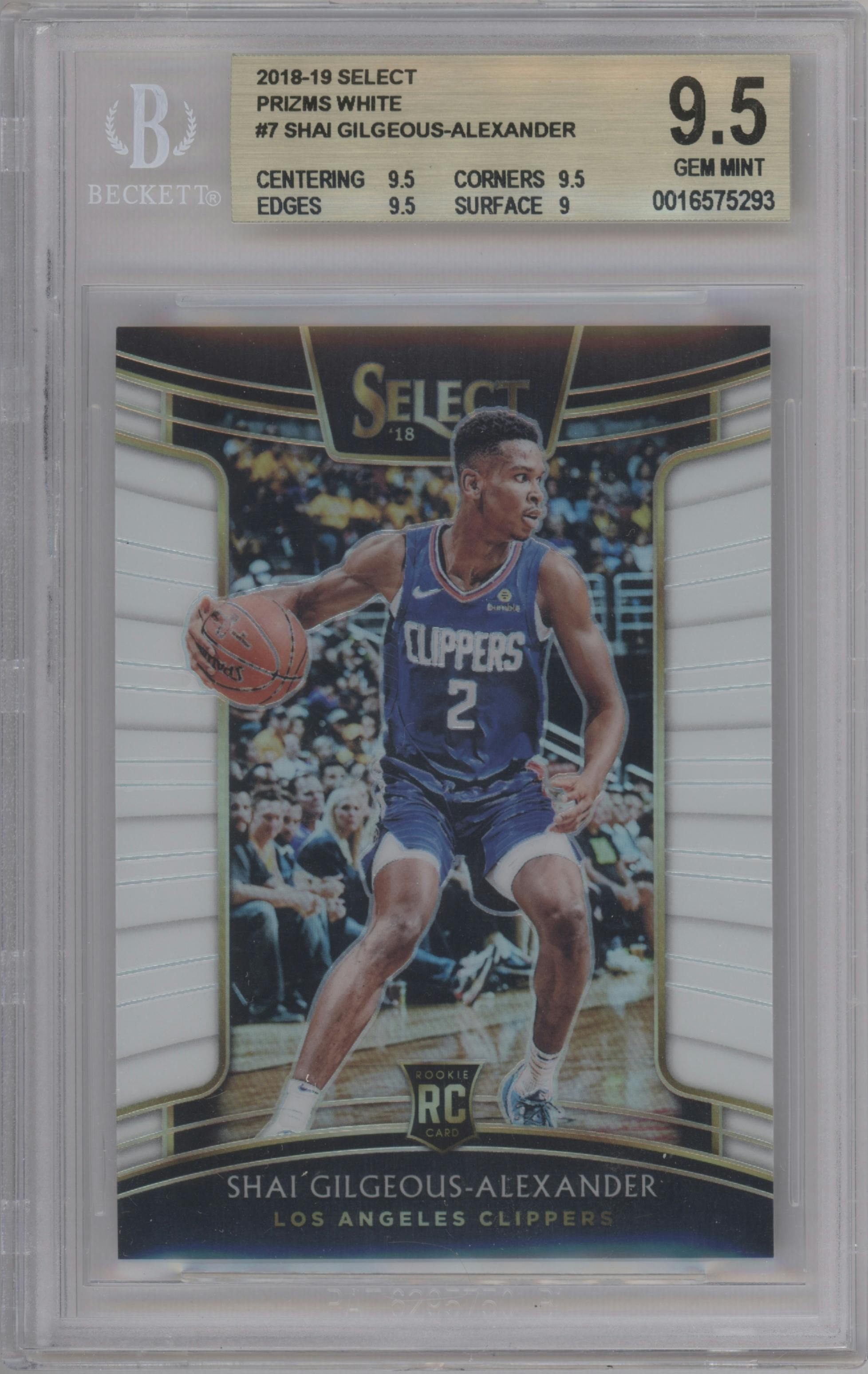Shai Gilgeous-Alexander from the 2018-19 Panini Select  set featuring a White Prizm parallel graded by Beckett and given an overall grade of 9.5.