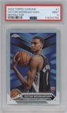 Victor Wembanyama from the 2023-24 Topps Chrome set featuring a Refractor parallel graded by PSA and given an overall grade of 9.
