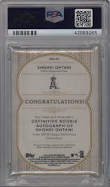 Shohei Ohtani from the 2018 Topps Definitive Collection set featuring a Green parallel graded by PSA and given an overall grade of 10.