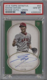 Shohei Ohtani from the 2018 Topps Definitive Collection set featuring a Green parallel graded by PSA and given an overall grade of 10.
