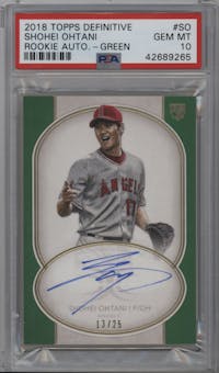 Shohei Ohtani from the 2018 Topps Definitive Collection set featuring a Green parallel graded by PSA and given an overall grade of 10.