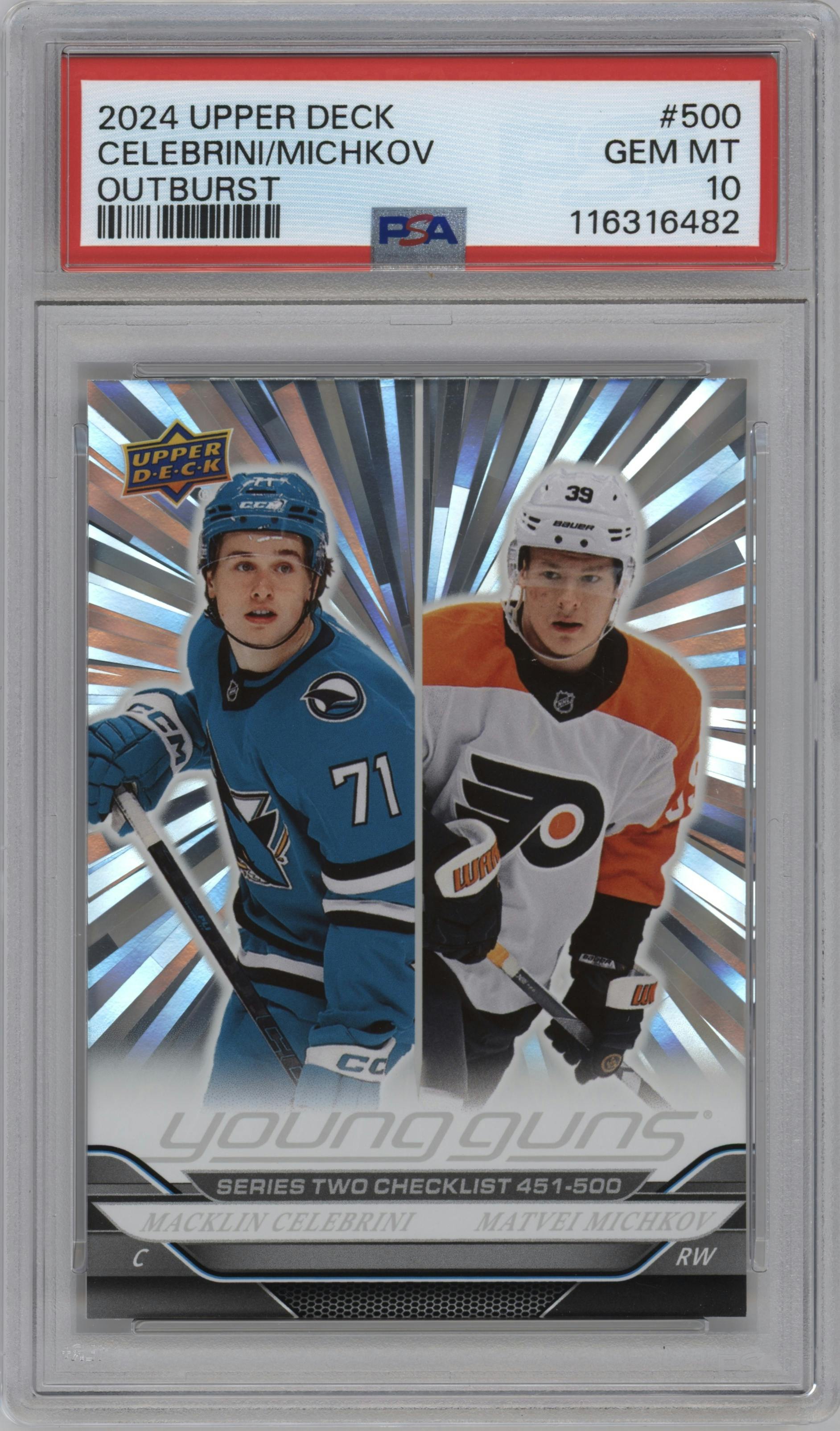 Macklin Celebrini/Matvei Michkov from the 2024-25 Upper Deck Series 2 set featuring a Outburst Silver parallel graded by PSA and given an overall grade of 10.
