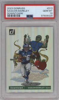Saquon Barkley from the 2023 Panini Donruss set graded by PSA and given an overall grade of 10.