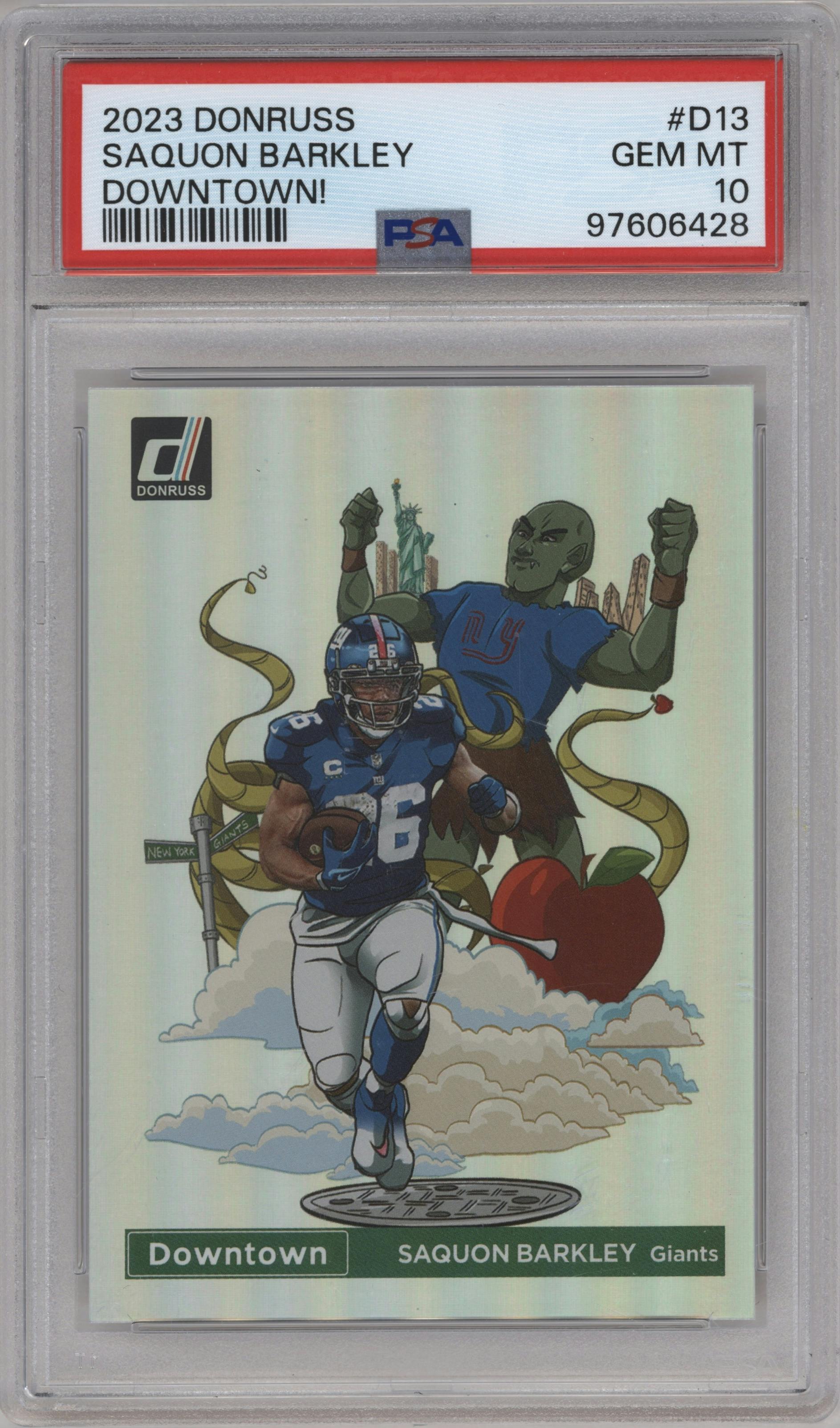 Saquon Barkley from the 2023 Panini Donruss set graded by PSA and given an overall grade of 10.