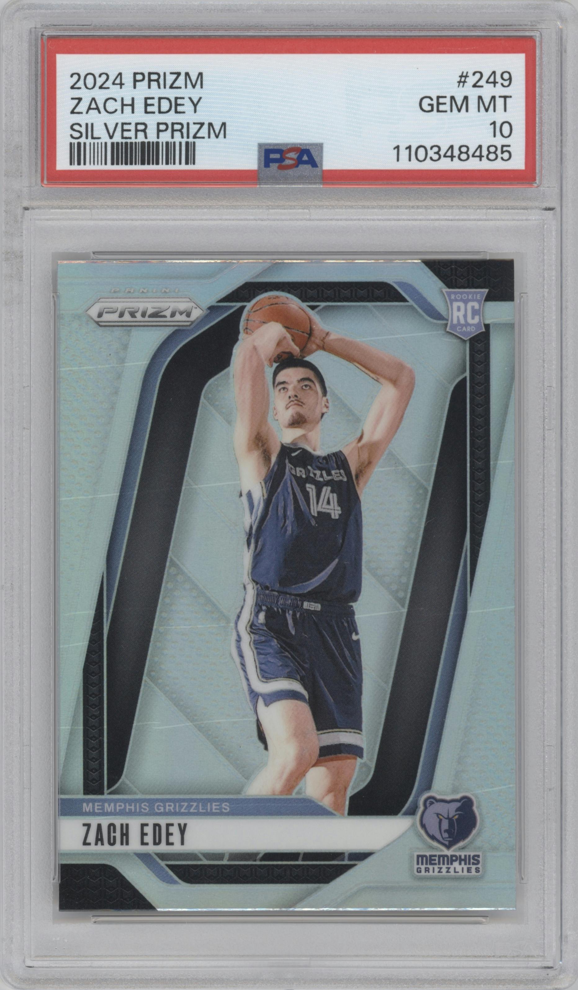 Zach Edey from the 2024-25 Panini Prizm set featuring a Silver Prizm parallel graded by PSA and given an overall grade of 10.
