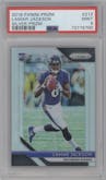 Lamar Jackson from the 2018 Panini Prizm set featuring a Silver Prizm parallel graded by PSA and given an overall grade of 9.