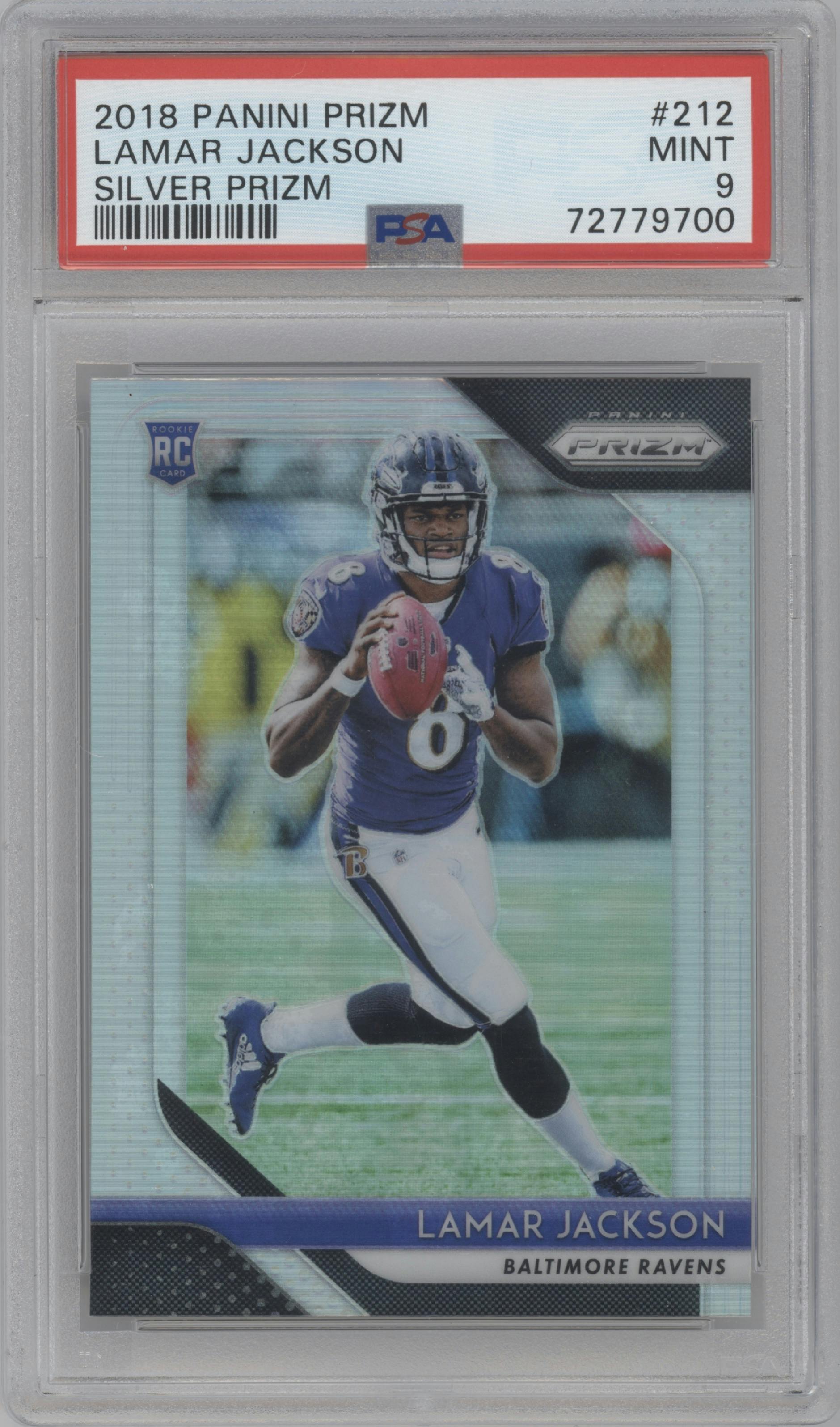 Lamar Jackson from the 2018 Panini Prizm set featuring a Silver Prizm parallel graded by PSA and given an overall grade of 9.