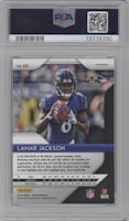 Lamar Jackson from the 2018 Panini Prizm set featuring a Silver Prizm parallel graded by PSA and given an overall grade of 9.