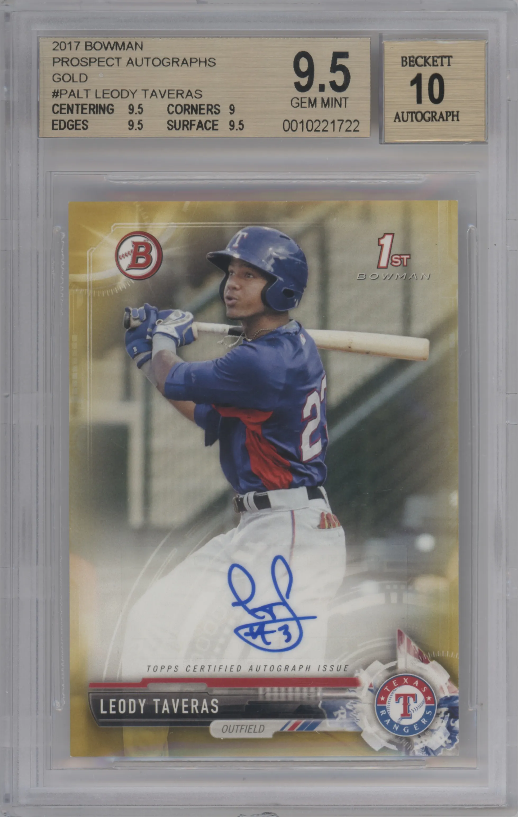 2017 Bowman Pros.Auto Leody Taveras Gold BGS 9.5