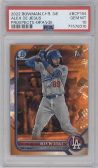 Alex De Jesus from the 2022 Bowman Chrome Sapphire Edition set featuring a Orange parallel graded by PSA and given an overall grade of 10.