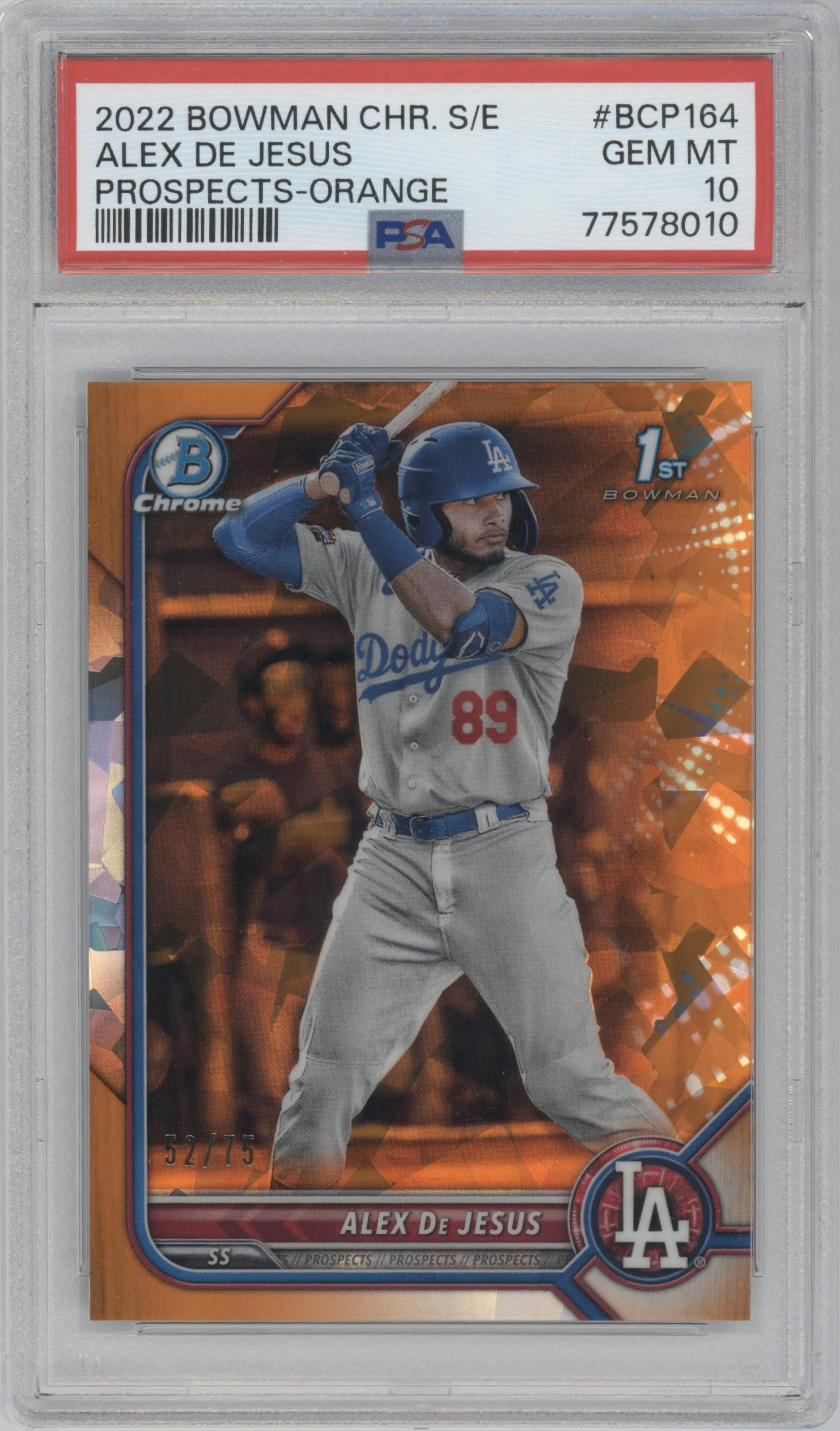 Alex De Jesus from the 2022 Bowman Chrome Sapphire Edition set featuring a Orange parallel graded by PSA and given an overall grade of 10.
