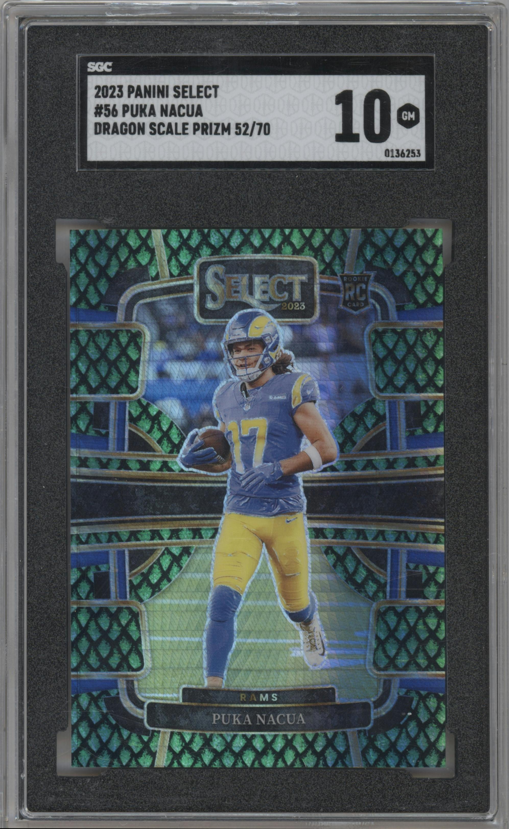 Puka Nacua from the 2023 Panini Select set featuring a Dragon Scale parallel graded by SGC and given an overall grade of 10.