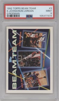 Kevin Johnson/Michael Jordan/Dennis Rodman from the 1992-93 Topps set graded by PSA and given an overall grade of 9.