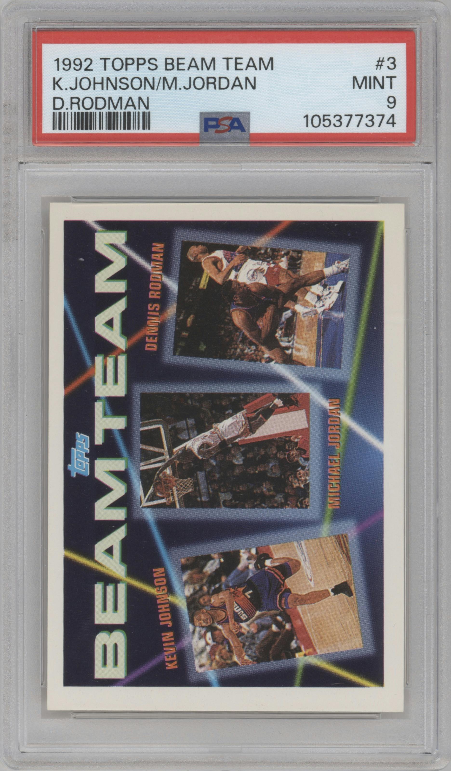 Kevin Johnson/Michael Jordan/Dennis Rodman from the 1992-93 Topps set graded by PSA and given an overall grade of 9.