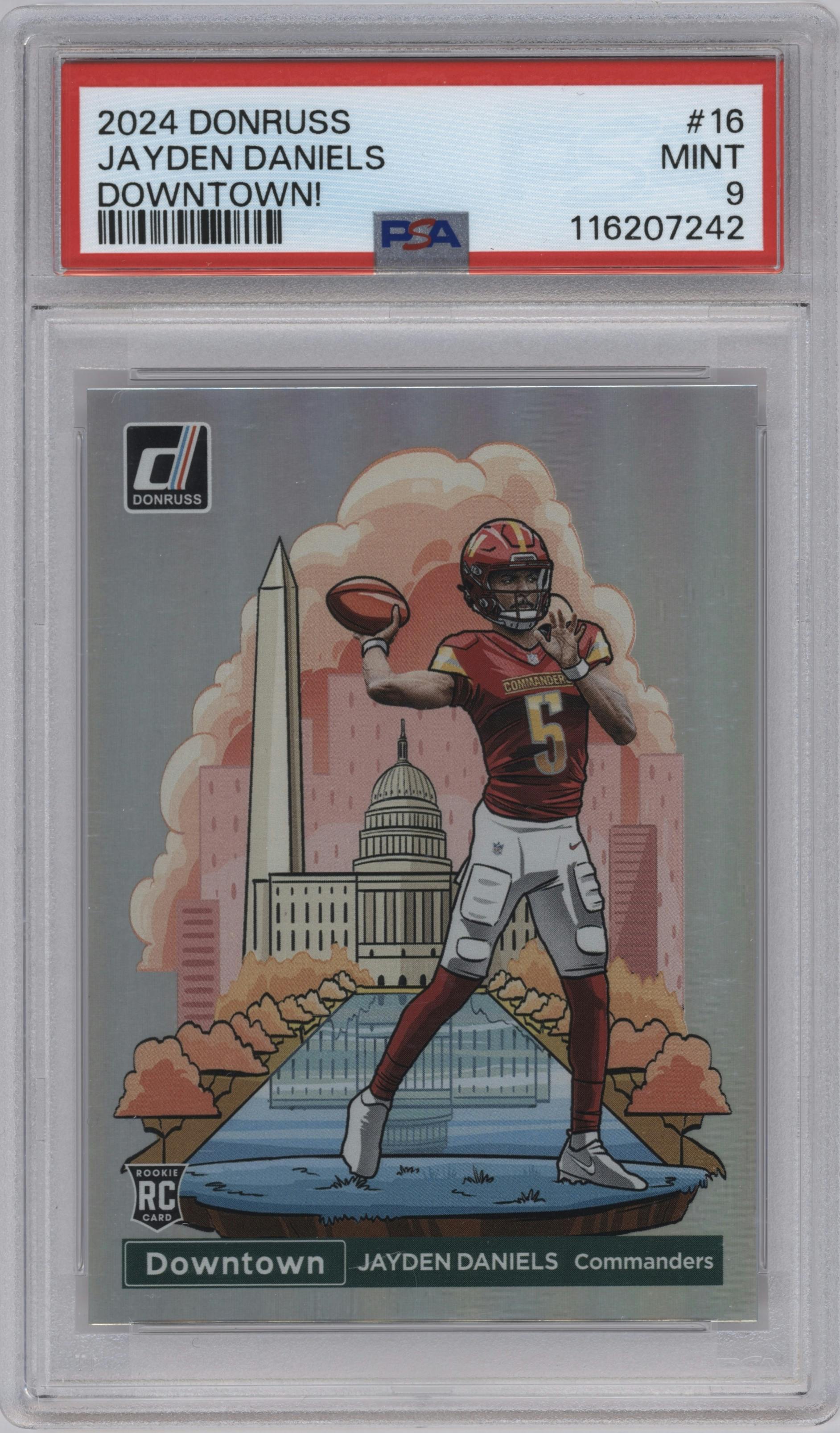 Jayden Daniels from the 2024 Donruss set graded by PSA and given an overall grade of 9.