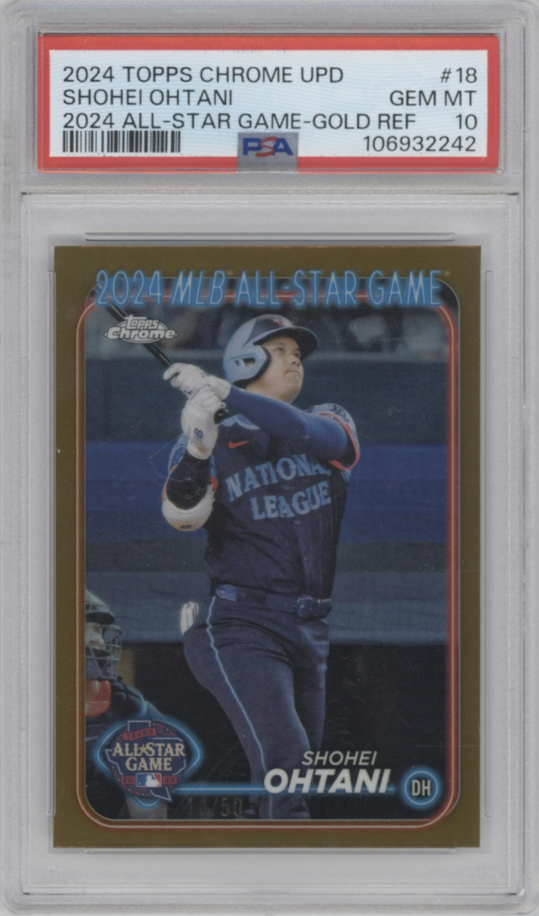 Shohei Ohtani  from the 2024 Topps Chrome Update set featuring a Gold Refractor parallel graded by PSA and given an overall grade of 10.