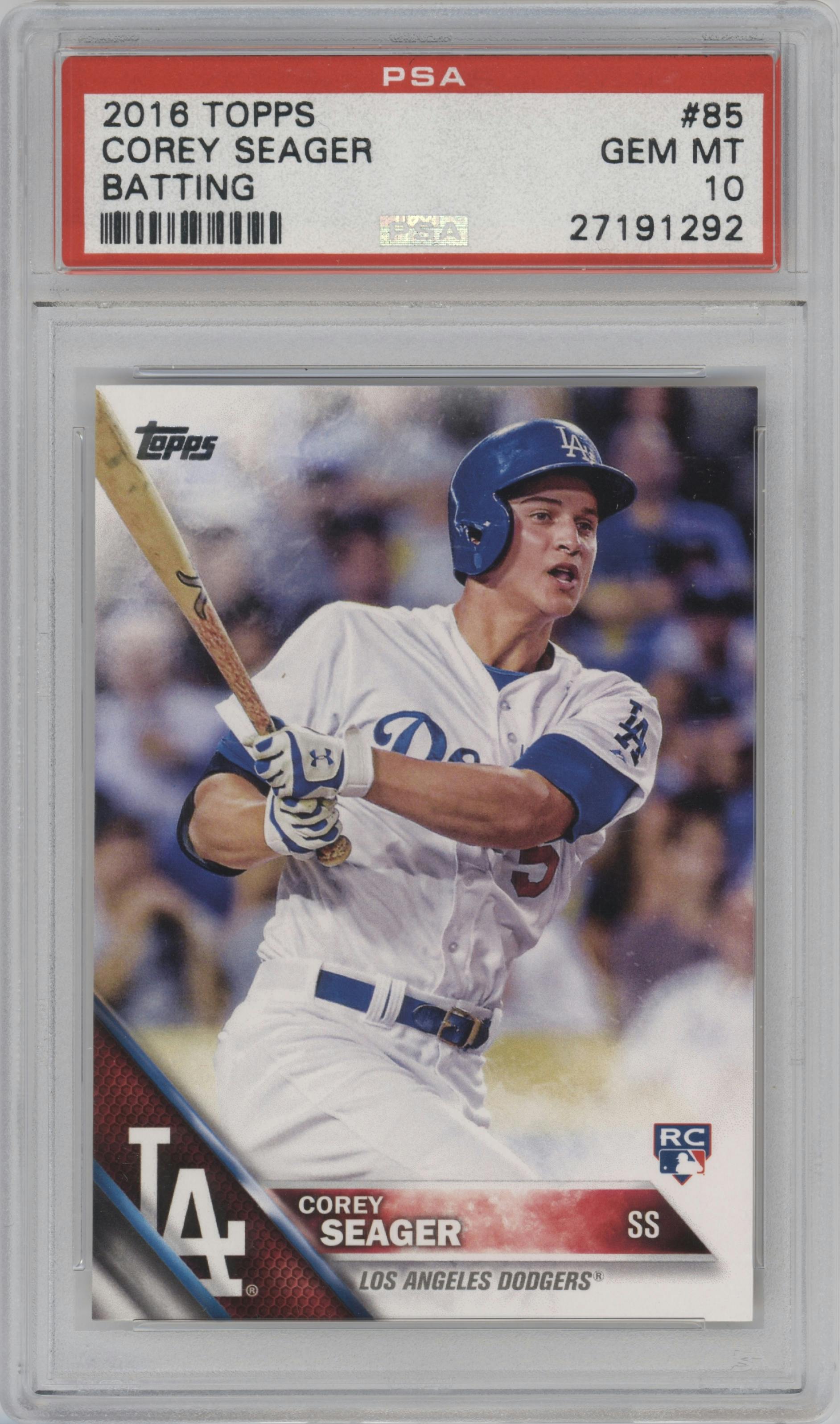 Corey Seager from the 2016 Topps Series 1 set graded by PSA and given an overall grade of 10.