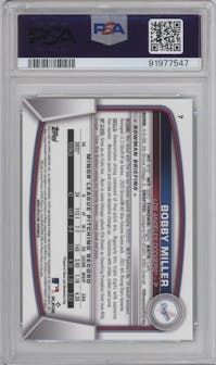 Bobby Miller from the 2023 Bowman Chrome Sapphire Edition set featuring a Aqua parallel graded by PSA and given an overall grade of 10.