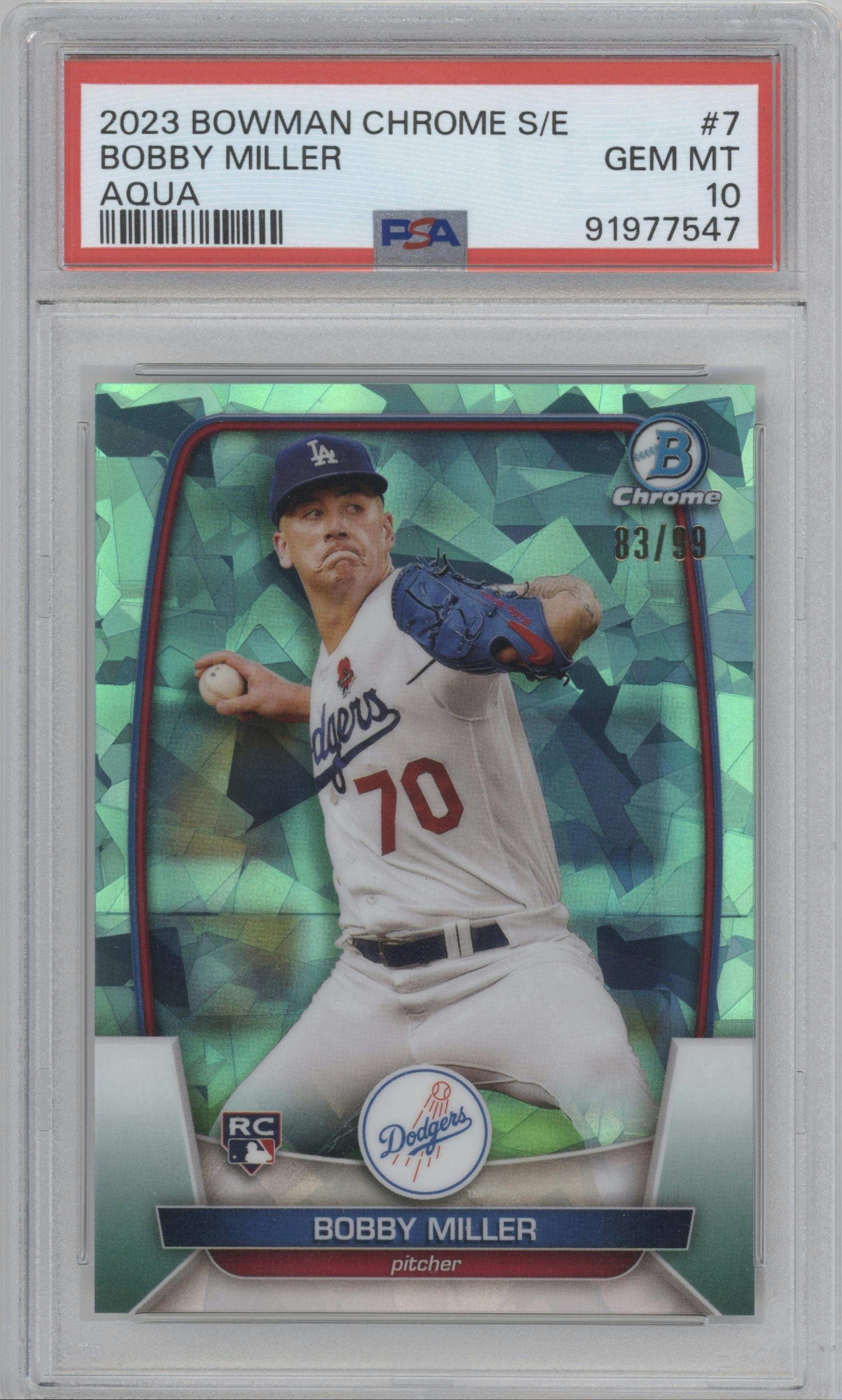 Bobby Miller from the 2023 Bowman Chrome Sapphire Edition set featuring a Aqua parallel graded by PSA and given an overall grade of 10.