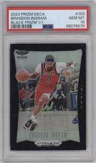 Brandon Ingram from the 2023-24 Panini Prizm Deca set featuring a Black parallel graded by PSA and given an overall grade of 10.