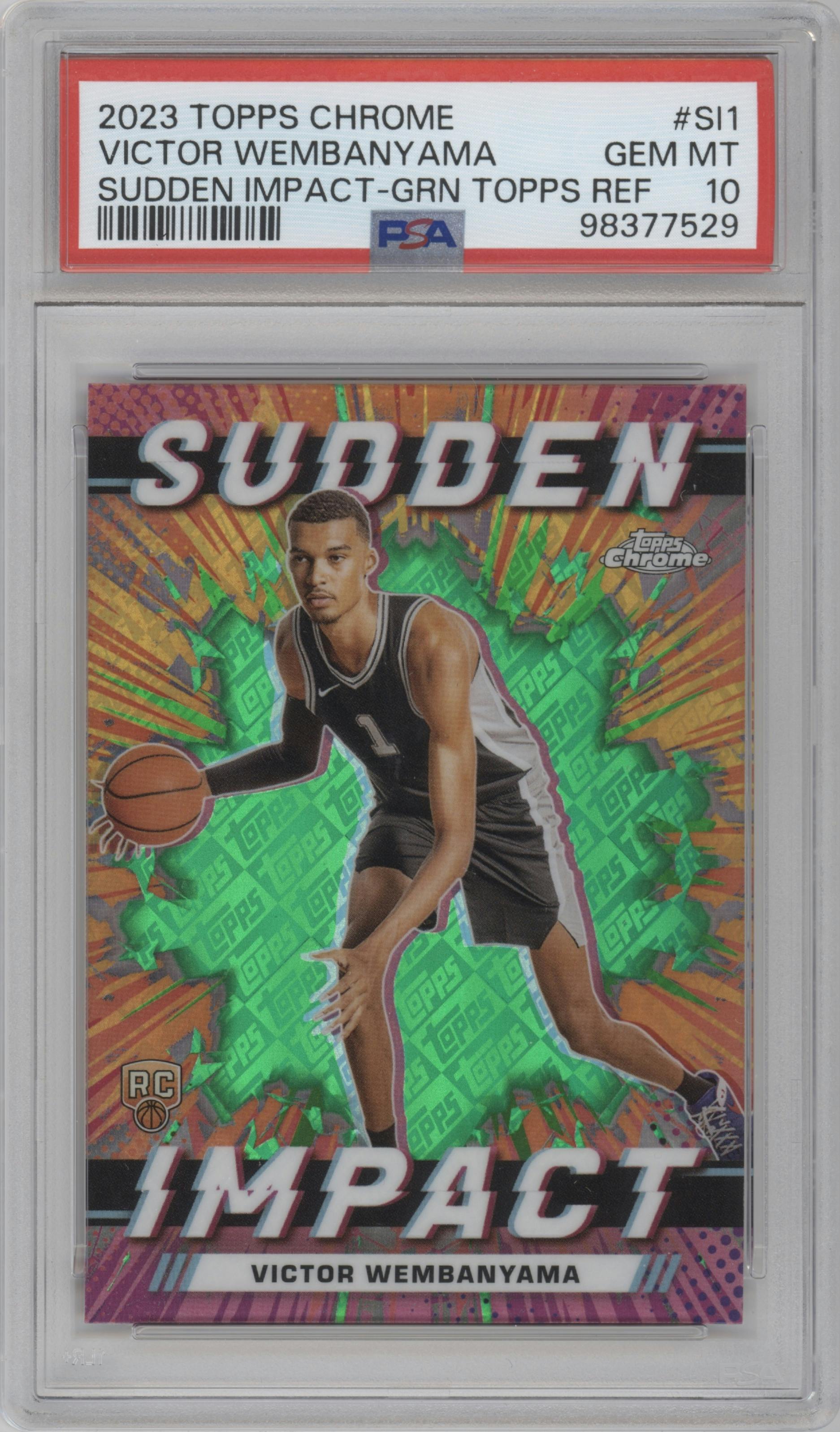 Victor Wembanyama from the 2023-24 Topps Chrome set featuring a Green Topps Refractor parallel graded by PSA and given an overall grade of 10.