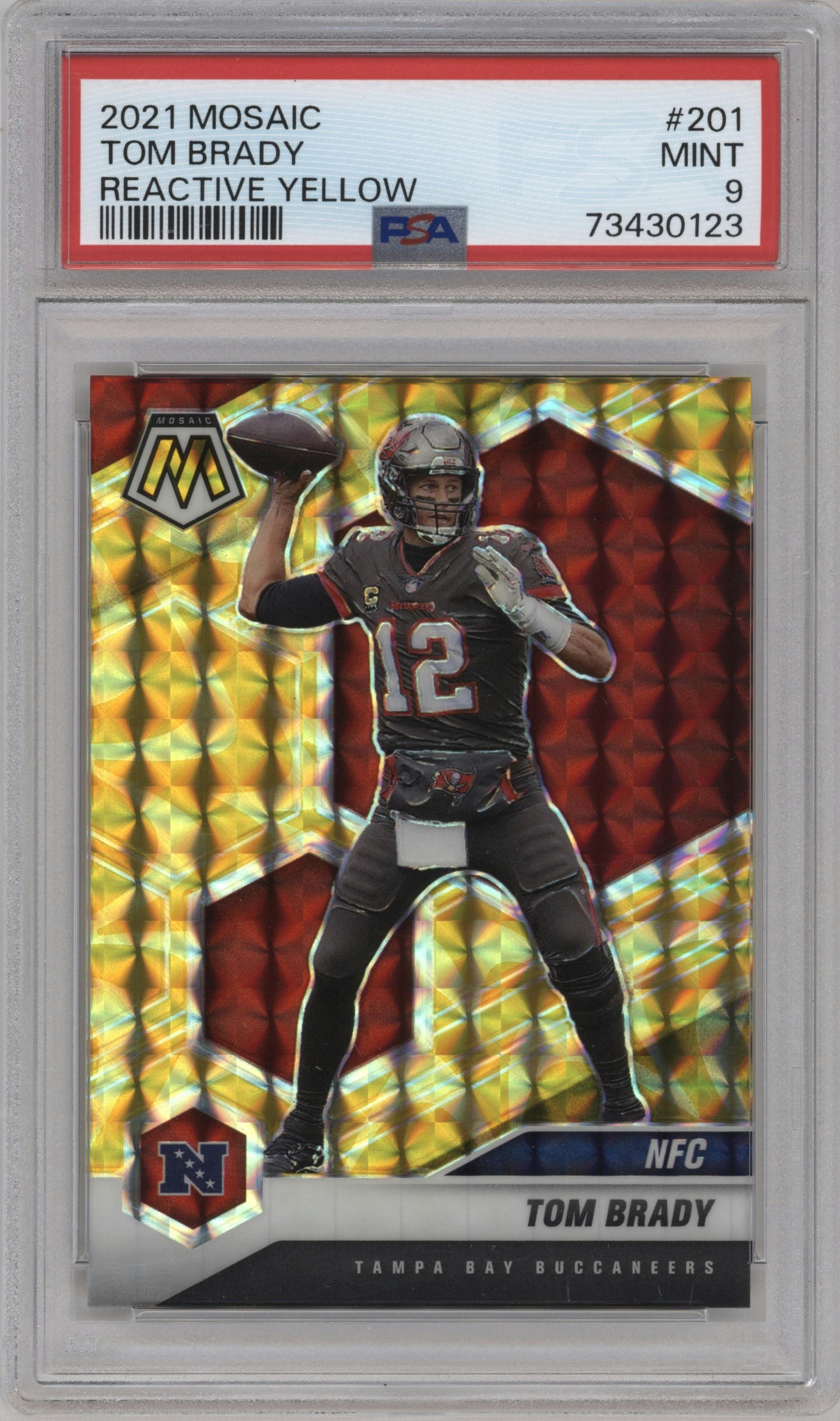 Tom Brady from the 2021 Panini Mosaic set featuring a Reactive Yellow parallel graded by PSA and given an overall grade of 9.