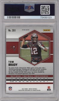 Tom Brady from the 2021 Panini Mosaic set featuring a Reactive Yellow parallel graded by PSA and given an overall grade of 9.